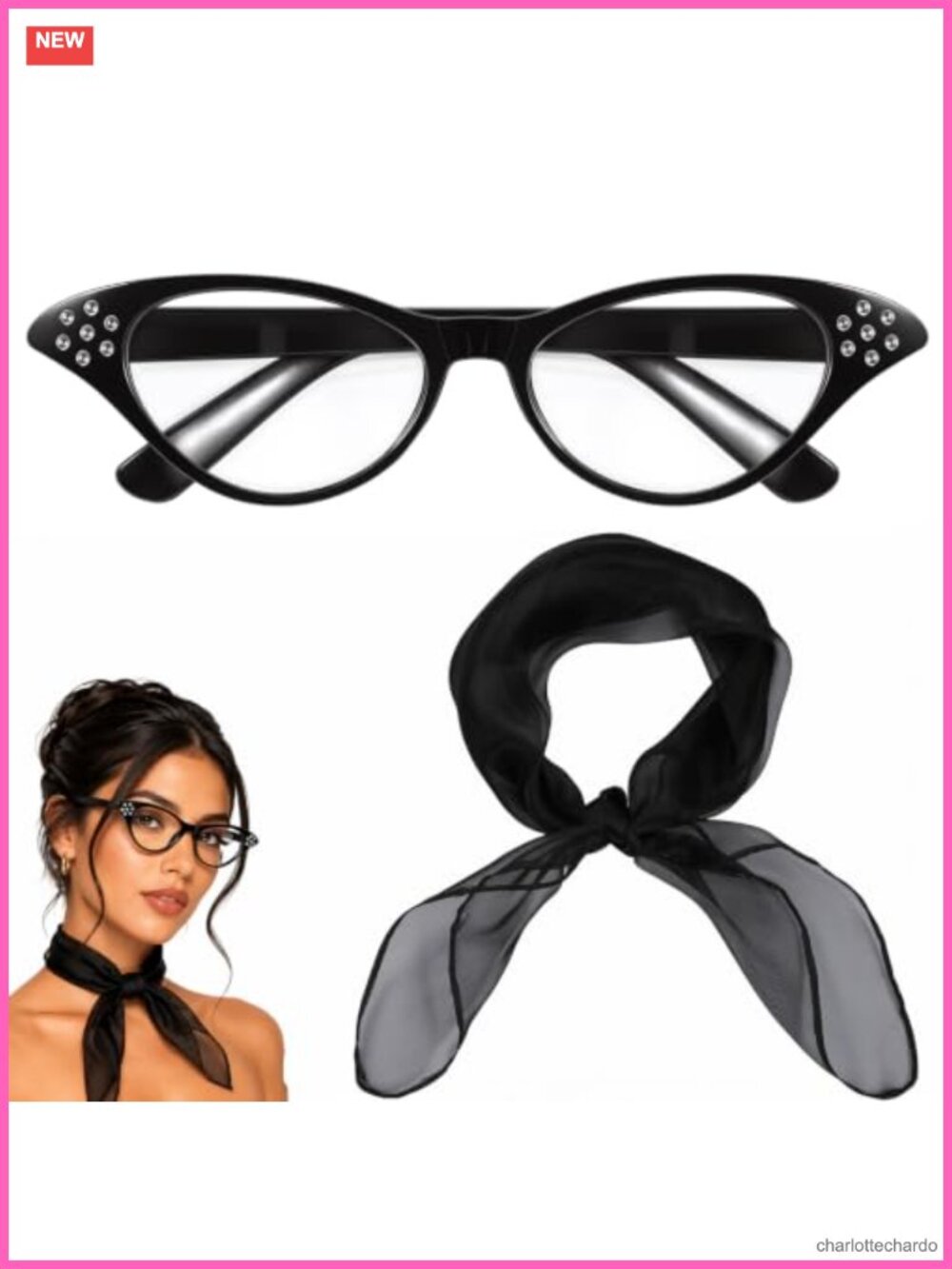 50s Costume Accessory Set Cat Eye Glasses & Chiffon Scarf Retro Cosplay